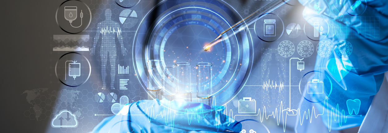 In a futuristic laboratory, a scientist with a pipette analyzes a colored liquid to extract the DNA and molecules in the test tubes.
