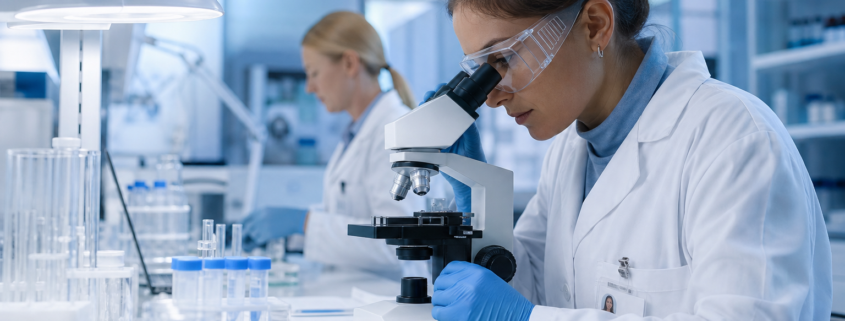 female scientists in lab coats using microscopes and lab equipment for biotech staffing solutions
