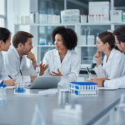 diverse scientists in lab coats collaborating at a lab table, showing biotech team building.