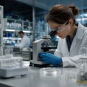 female scientist in lab coat and safety glasses examining samples under a microscope, avoiding life sciences hiring mistakes.