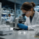 female scientist in lab coat and safety glasses examining samples under a microscope, avoiding life sciences hiring mistakes.