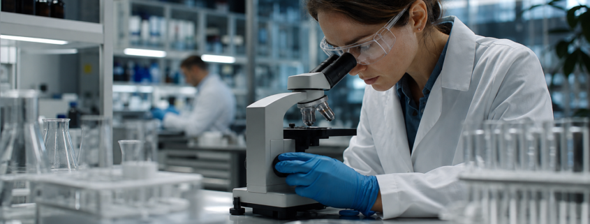 female scientist in lab coat and safety glasses examining samples under a microscope, avoiding life sciences hiring mistakes.