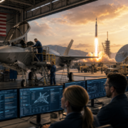 engineers and technicians work on a fighter jet in a hangar while a rocket launches in the background, illustrating defense industry hiring trends 2026.