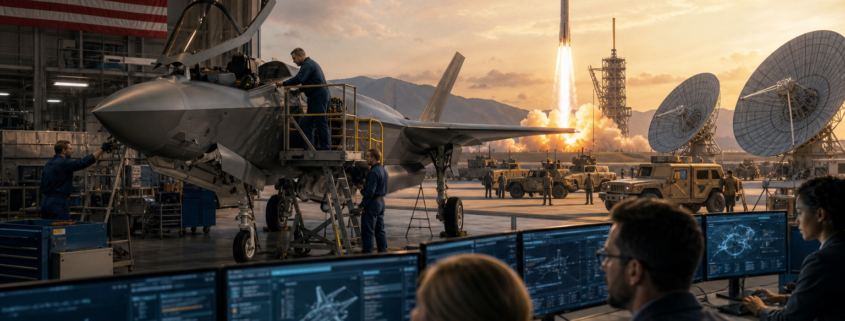 engineers and technicians work on a fighter jet in a hangar while a rocket launches in the background, illustrating defense industry hiring trends 2026.