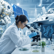 female scientist using a microscope in a lab, surrounded by equipment, monitors displaying dna for specialized life sciences certifications.
