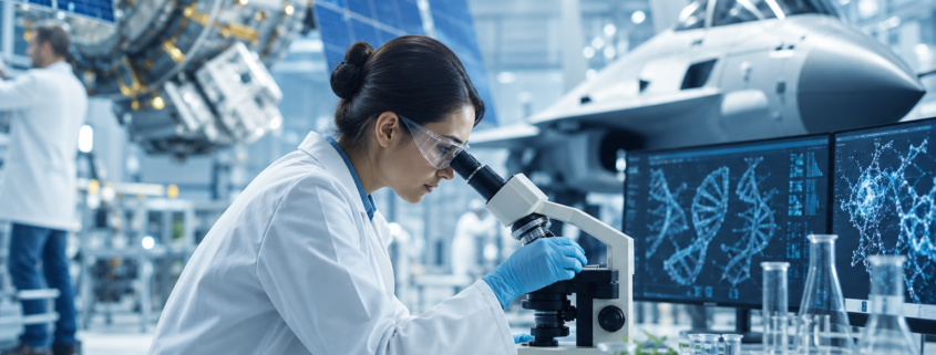 female scientist using a microscope in a lab, surrounded by equipment, monitors displaying dna for specialized life sciences certifications.