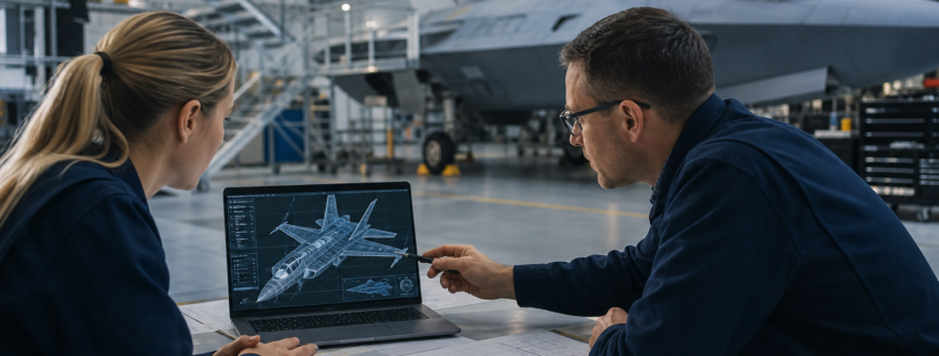 two engineers discussing fighter jet design on a laptop, defence contractor hiring fall.