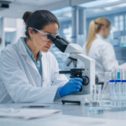 How to Attract Experienced Life Sciences Researchers to Your Organization female scientist in safety glasses examining samples under a microscope in a lab to attract experienced biotech researchers.
