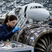 female technician in safety glasses working on a complex jet engine, highlighting aerospace manufacturing jobs.