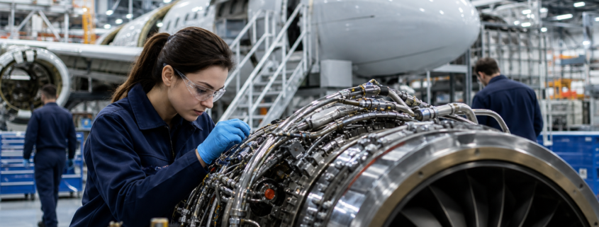female technician in safety glasses working on a complex jet engine, highlighting aerospace manufacturing jobs.