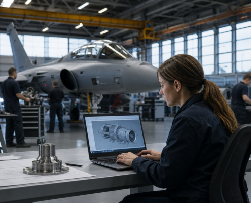 female engineer using cad software on laptop in a hangar with a fighter jet, demonstrating defense employee retention strategies.