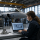 female engineer using cad software on laptop in a hangar with a fighter jet, demonstrating defense employee retention strategies.