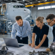 September Recruitment Push Why Aerospace Firms Hire Now three engineers reviewing blueprints and laptop in an aircraft hangar, for aerospace recruitment september.