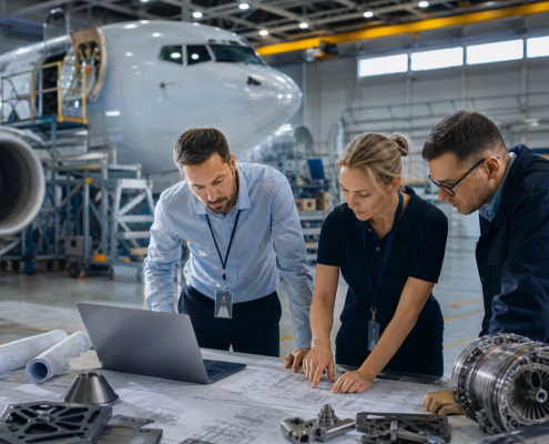 three engineers reviewing blueprints and laptop in an aircraft hangar, for aerospace recruitment september.