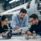 aerospace engineers discussing a model airplane, showcasing aerospace employer hiring requirements for technical roles.