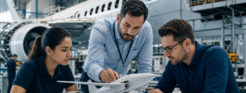 aerospace engineers discussing a model airplane, showcasing aerospace employer hiring requirements for technical roles.