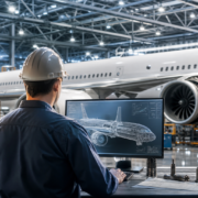 engineer in hard hat at computer with plane cad drawing, illustrating aerospace engineer jobs demand