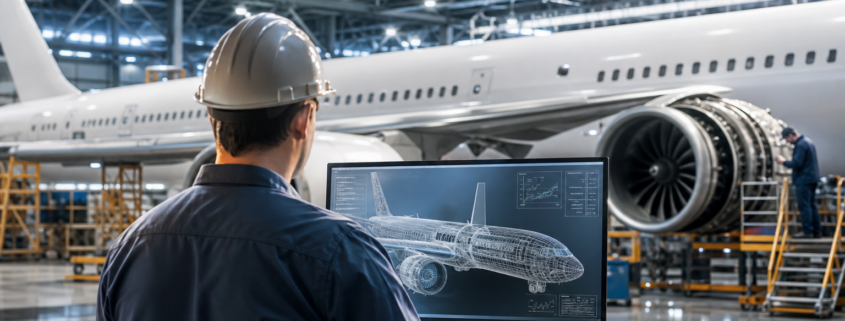 engineer in hard hat at computer with plane cad drawing, illustrating aerospace engineer jobs demand