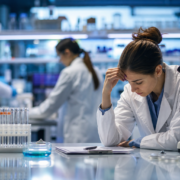 Biotechnology Researcher Retention Strategies That Actually Work stressed female biotechnology researcher with a microscope, illustrating challenges in biotechnology researcher retention.