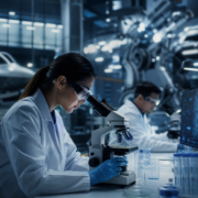 Critical Skills Gap in Defense Biotechnology What Employers Need to Know female scientist in lab coat looking through a microscope, addressing critical skills gap in defense biotechnology.