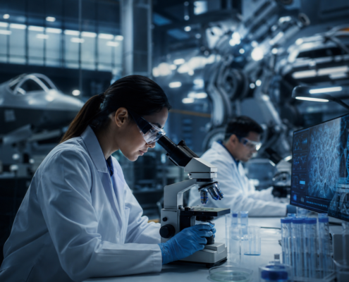 female scientist in lab coat looking through a microscope, addressing critical skills gap in defense biotechnology.