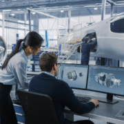two aerospace engineers discussing cad designs on monitors for aerospace engineering talent recruitment.