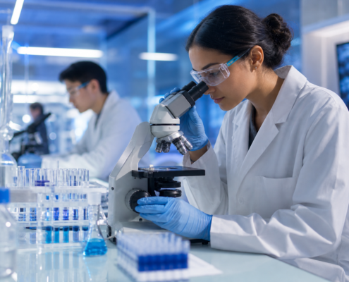 female scientist in lab coat and gloves examining samples with a microscope for life sciences contract staffing.